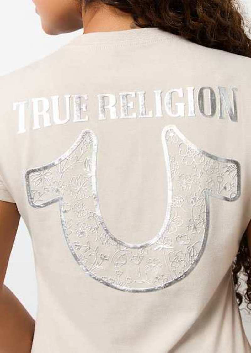 True Religion Women's Metallic Floral Horseshoe V Neck T-Shirt