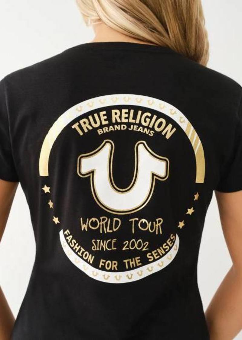True Religion Women's Metallic World Tour Logo Tee