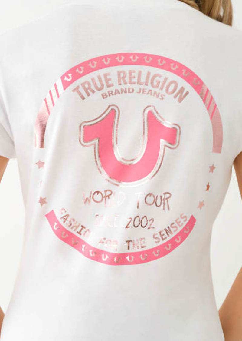 True Religion Women's Metallic World Tour Logo Tee