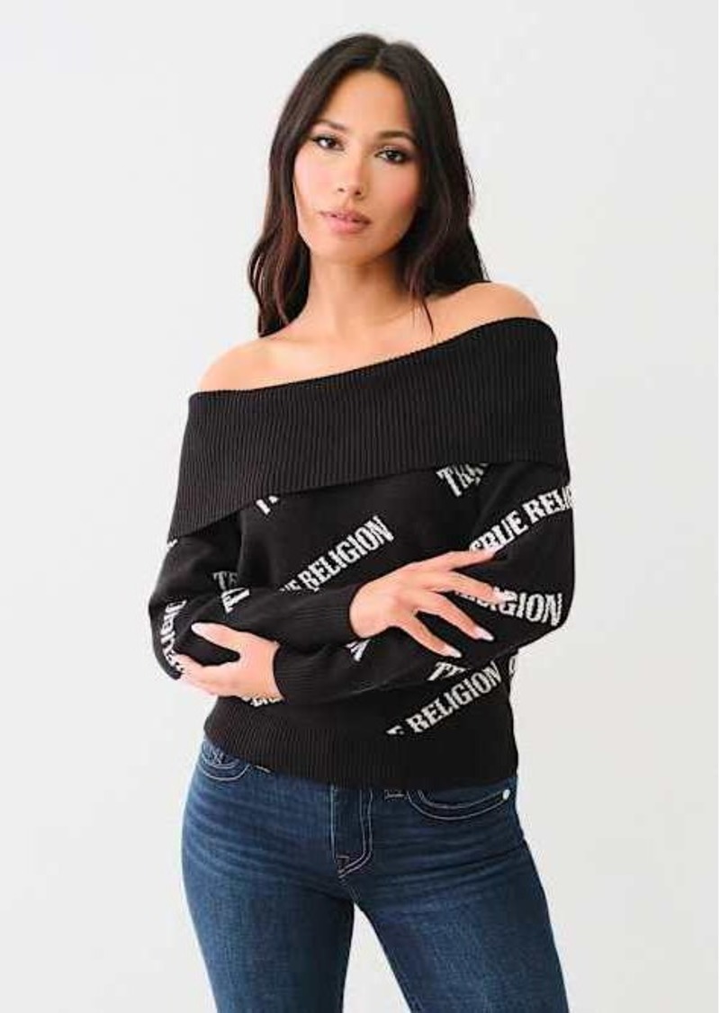 True Religion Women's Off-The-Shoulder Logo Sweater