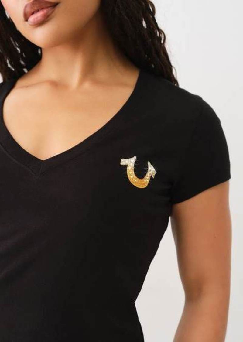 True Religion Women's Ombre Crystal V Neck T-Shirt