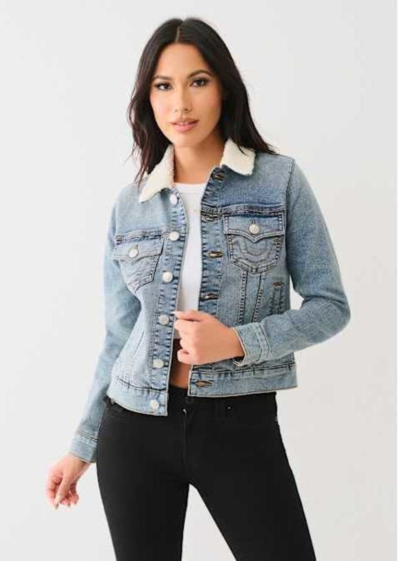 True Religion Women's Sherpa Collar Trucker Denim Jacket