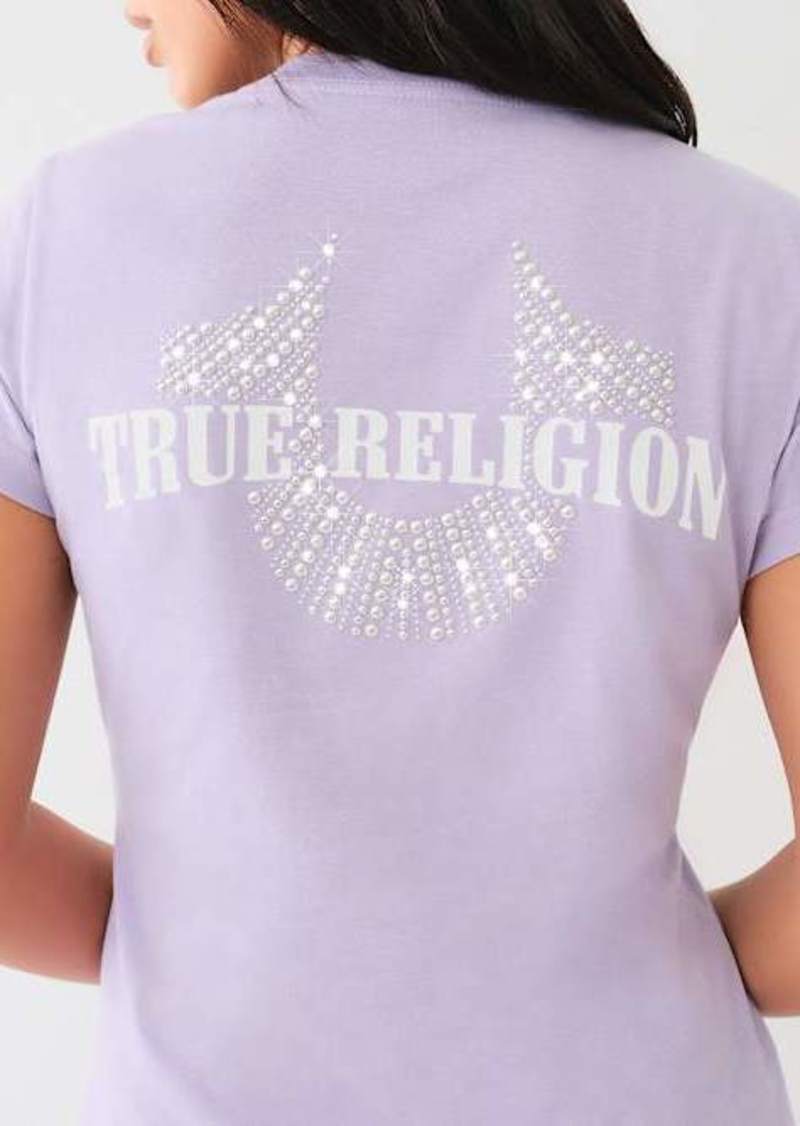 True Religion Women's Studded Horseshoe V Neck T-Shirt