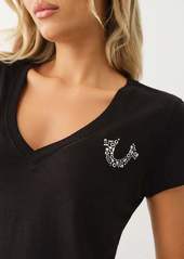 True Religion Women's Studded Horseshoe V Neck T-Shirt