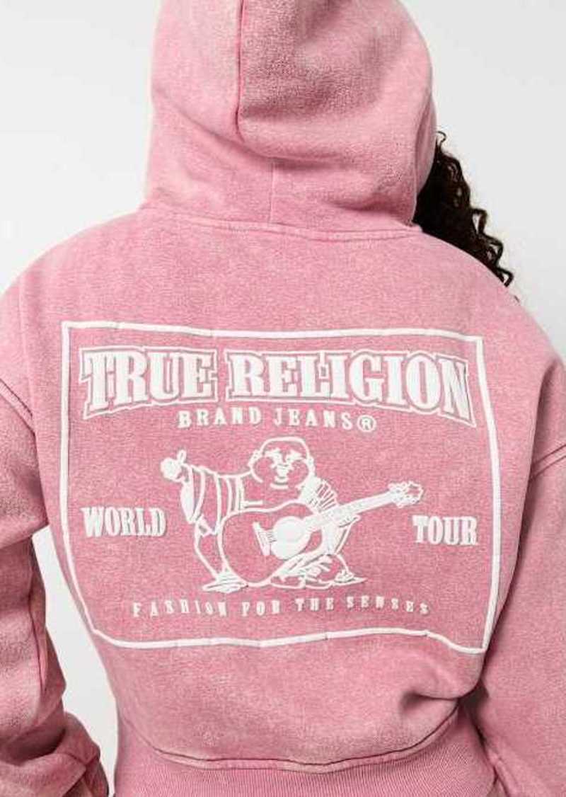 True Religion Women's Vintage Acid Wash Logo Crop Hoodie