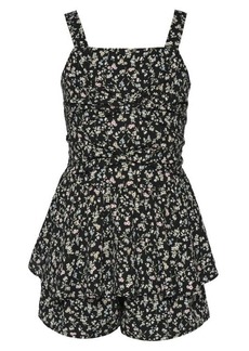 Truly Me Kids' Double Bow Floral Print Romper in Black Multi at Nordstrom