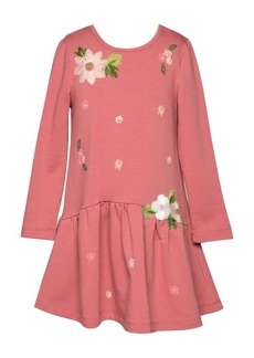Truly Me Kids' Floral Embroidered Long Sleeve Cotton Blend Dress
