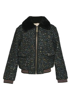 Truly Me Kids' Tweed Bomber Jacket with Faux Fur Collar