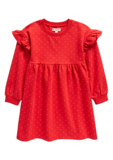 Tucker + Tate Kids' Print Ruffle Shoulder Long Sleeve Fleece Dress in Red Letter Mini Dot at Nordstrom Rack