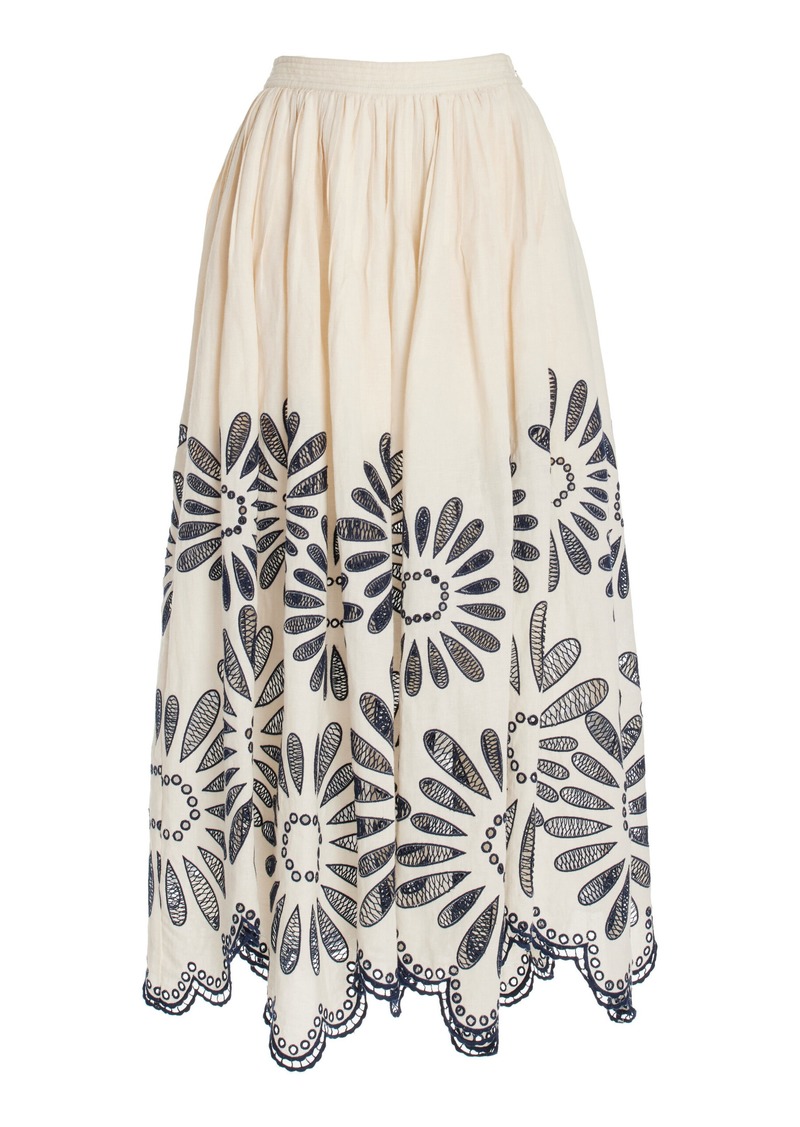 Ulla Johnson - Annisa Embroidered Cotton-Linen Midi Skirt - Multi - US 4 - Moda Operandi