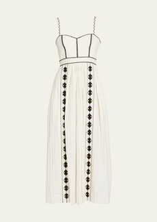Ulla Johnson Elin Embroidered Poplin Pleated Bustier Midi Dress