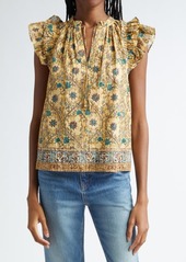 Ulla Johnson Fleur Floral Ruffle Shoulder Split Neck Top