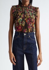 Ulla Johnson Georgina Floral Sleeveless Plissé Silk Top