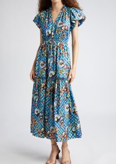 Ulla Johnson Scarlett Floral Shibori Mixed Print Silk Midi Dress