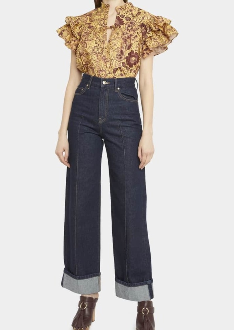 Ulla Johnson The Genevieve Topstitched Wide-Leg Denim Jeans