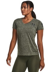 Under Armour Womens Freedom Tech Short Sleeve V-Neck T-Shirt (392) Marine OD Green  Heather / / Black