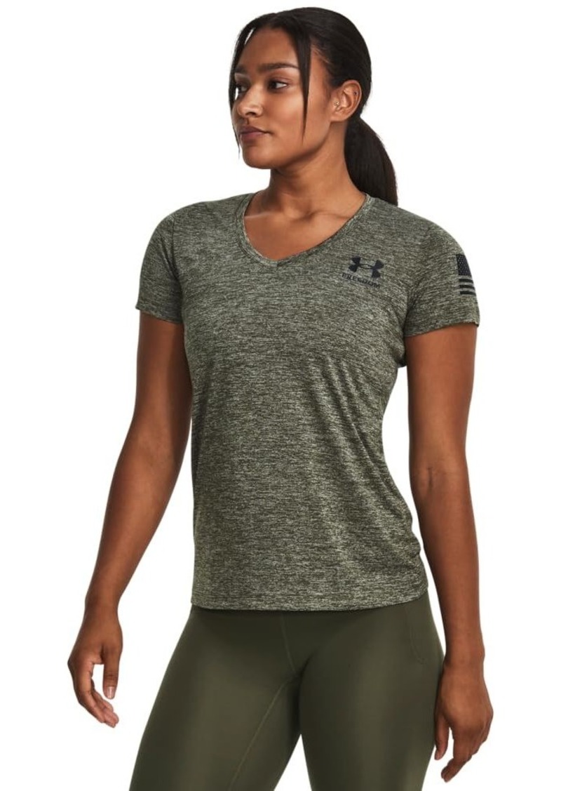 Under Armour Womens Freedom Tech Short Sleeve V-Neck T-Shirt (392) Marine OD Green Medium Heather / / Black
