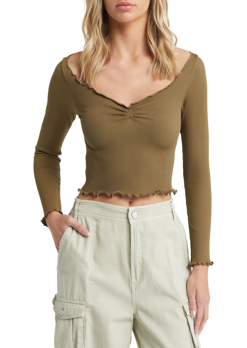 Urban Outfitters Exclusives BDG Urban Outfitters Elsie Rib Long Sleeve Crop Top in Khaki at Nordstrom Rack