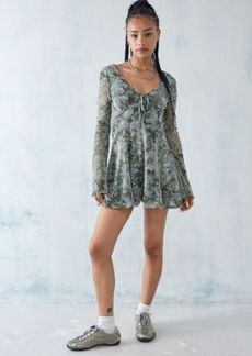 Urban Outfitters Exclusives Urban Outfitters UO Eva Flocked Romper in Green, Women's at Urban Outfitters