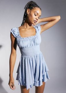 Urban Outfitters Exclusives Urban Outfitters UO Rosie Smocked Tiered Ruffle Romper in Blue at Urban Outfitters