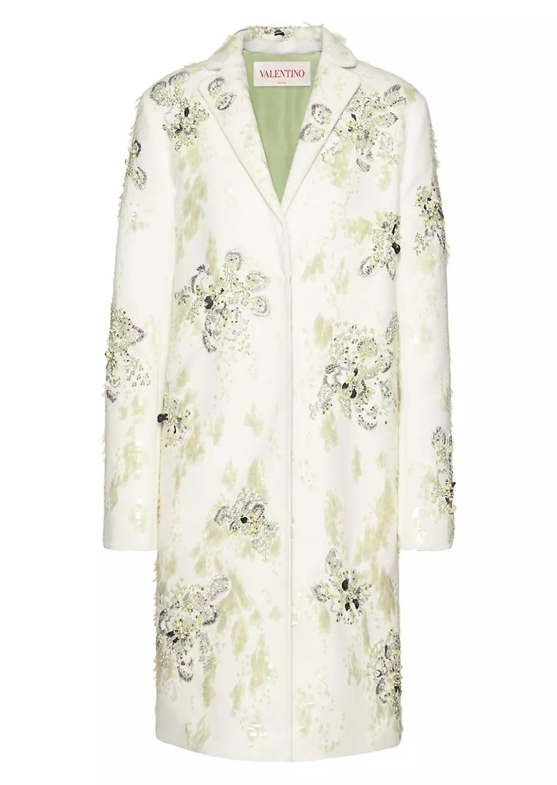 Valentino Compact Drap Coat With Floral Embroidery