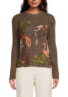 Valentino Exotic Bird Embroidered Linen Sweater