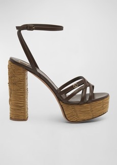 Valentino Raflower Raffia Ankle-Strap Platform Sandals