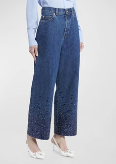 Valentino Sequin Embroidered Wide-Leg Ankle Denim Jeans