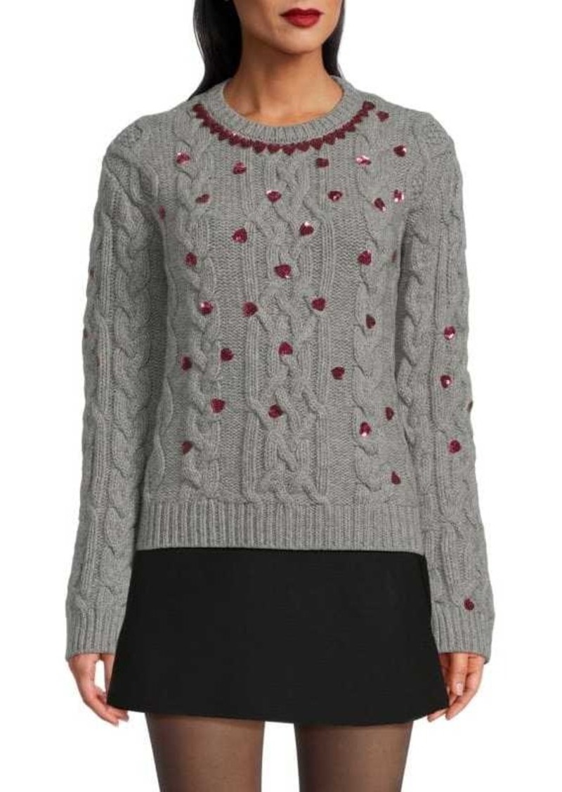 Valentino Sequin Heart Virgin Wool Cable Knit Sweater