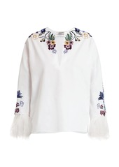 Valentino Tapestry Feather-Trimmed Embroidered Cotton Peasant Blouse