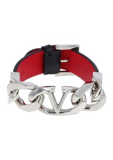 Valentino V Logo & Chain Leather Belt Bracelet