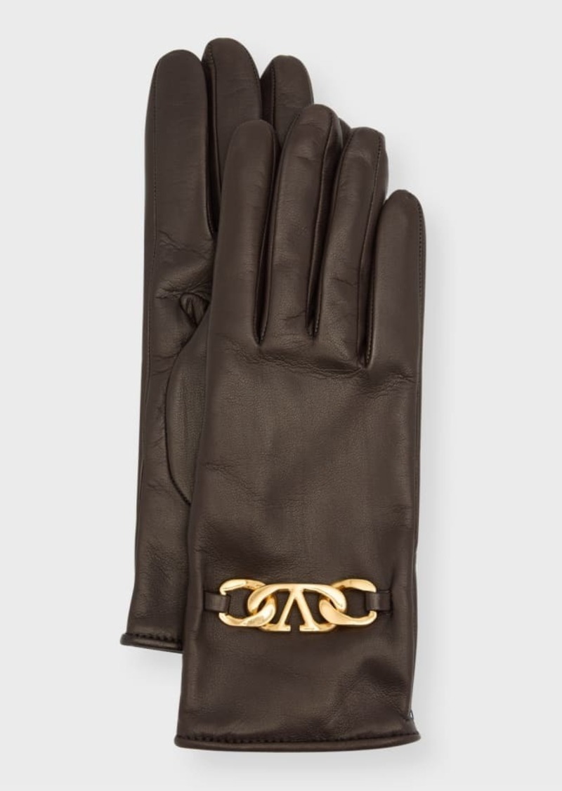 Valentino V-Logo Chain Leather & Cashmere Gloves 