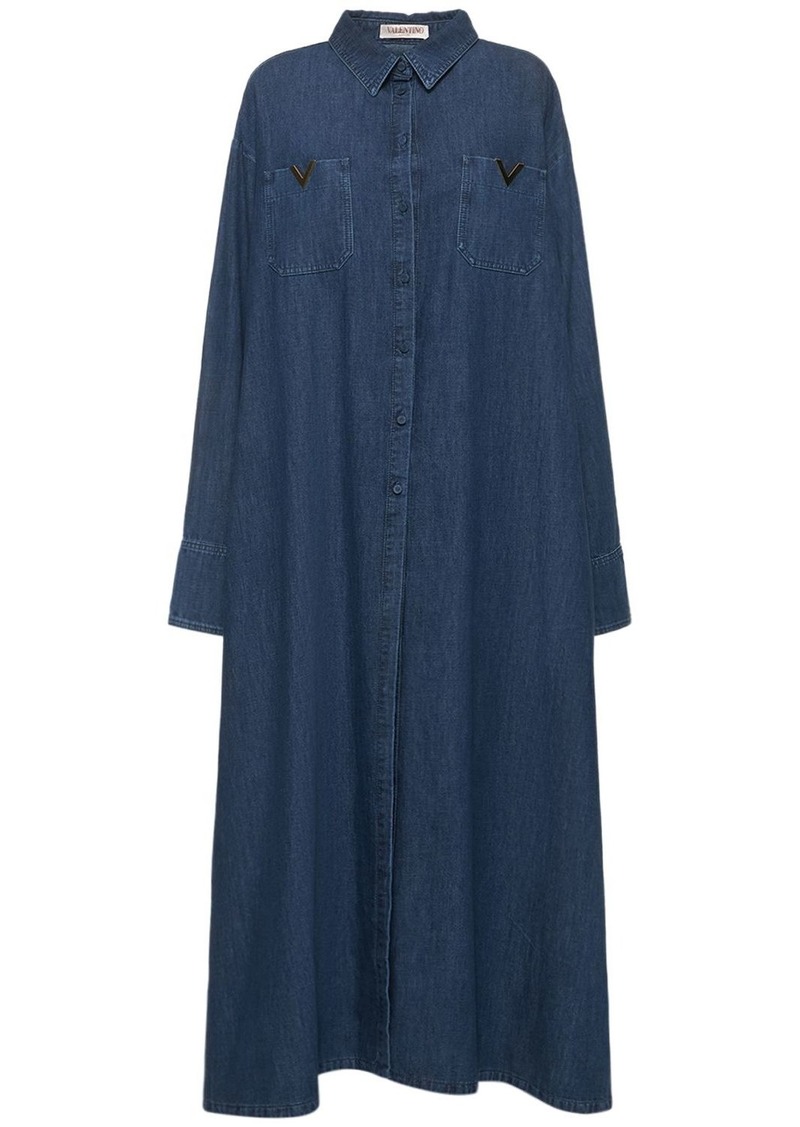 Valentino V Logo Denim Chambray Long Shirt Dress