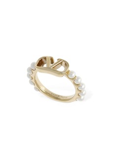 Valentino V Logo Signature Faux Pearl Ring