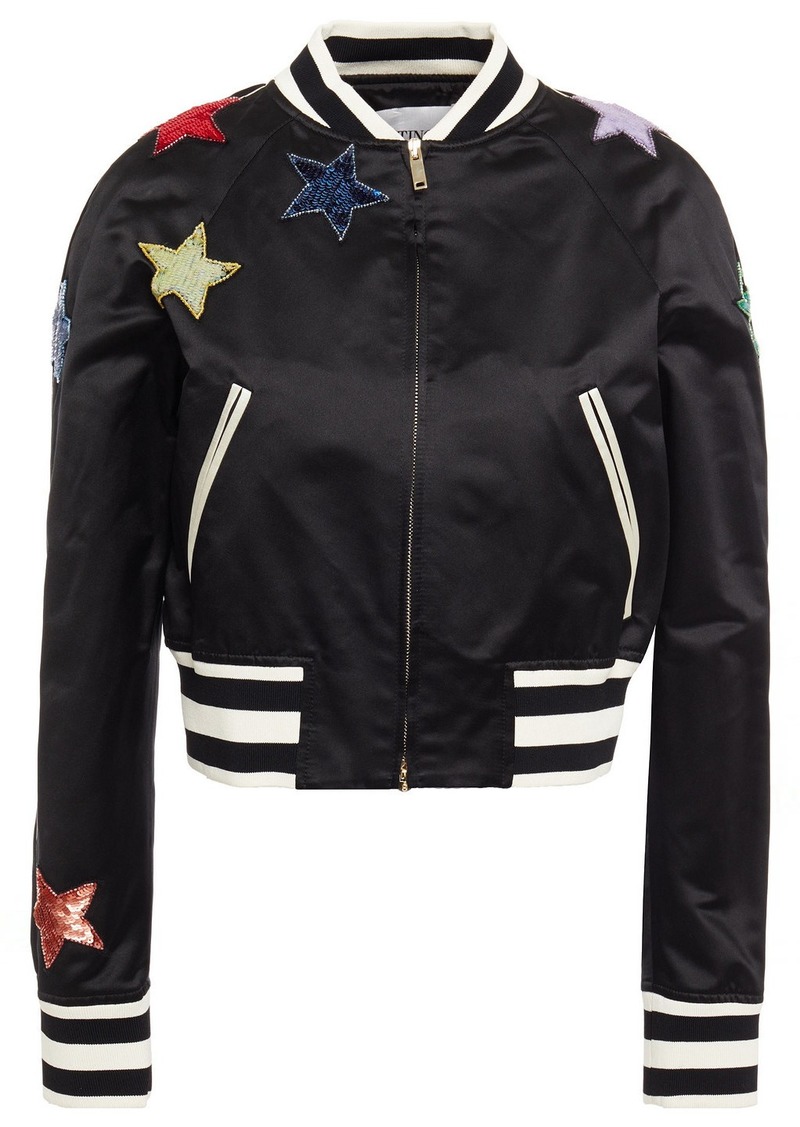 Valentino Garavani - Cropped embellished silk-satin bomber jacket - Black - IT 38