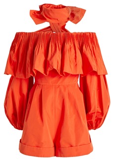 Valentino Garavani - Tie-neck ruffled cotton-blend poplin playsuit - Orange - IT 38