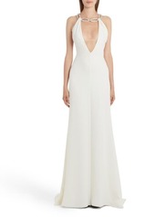 Valentino Garavani Crystal Strap Plunge Neck Silk Gown