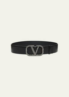 Valentino Embellished V-Logo Smooth Leather Belt