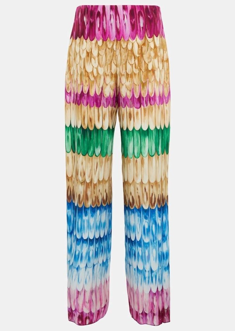Valentino Feather-print wide-leg silk pants