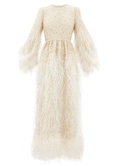 Valentino Feather-trimmed beaded wool-blend gown