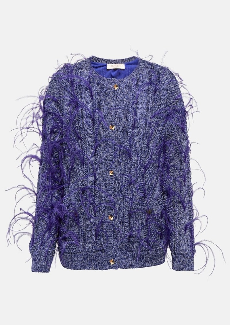 Valentino Feather-trimmed cable-knit cardigan