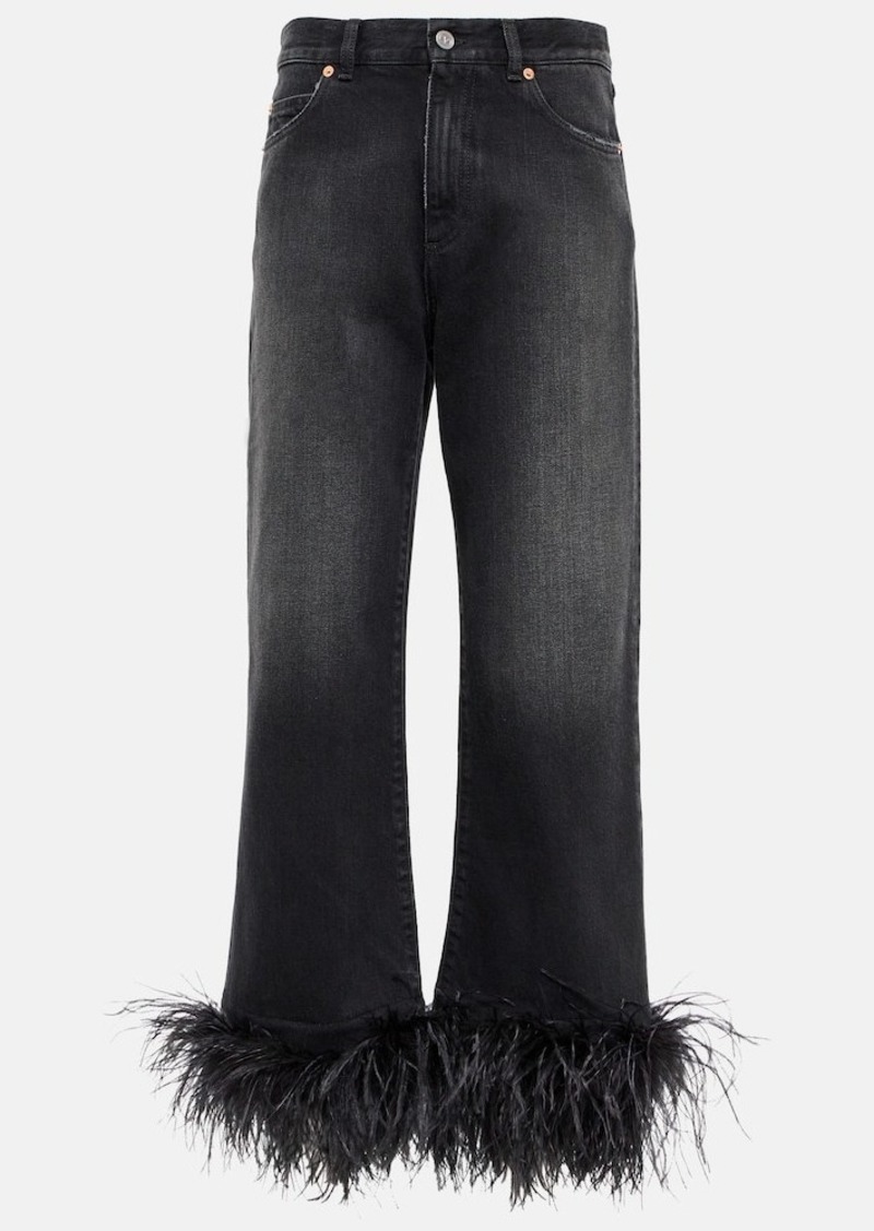 Valentino Feather-trimmed high-rise wide-leg jeans