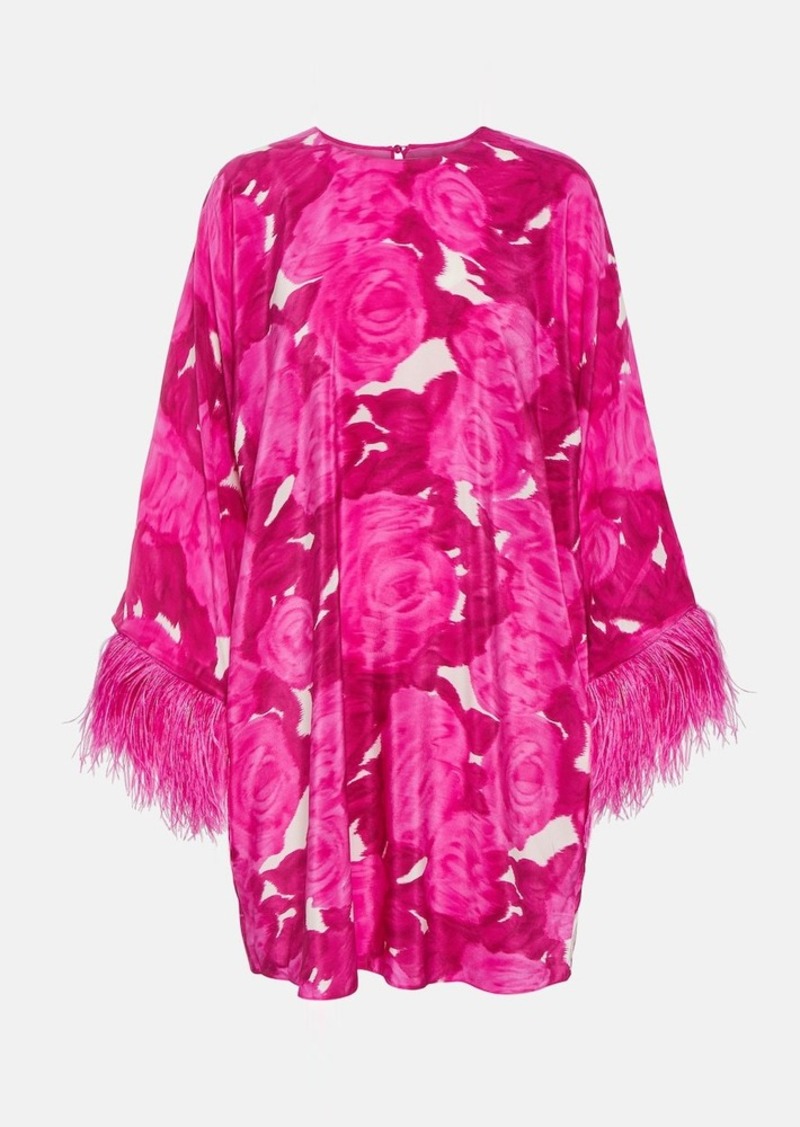 Valentino Floral feather-trimmed silk minidress