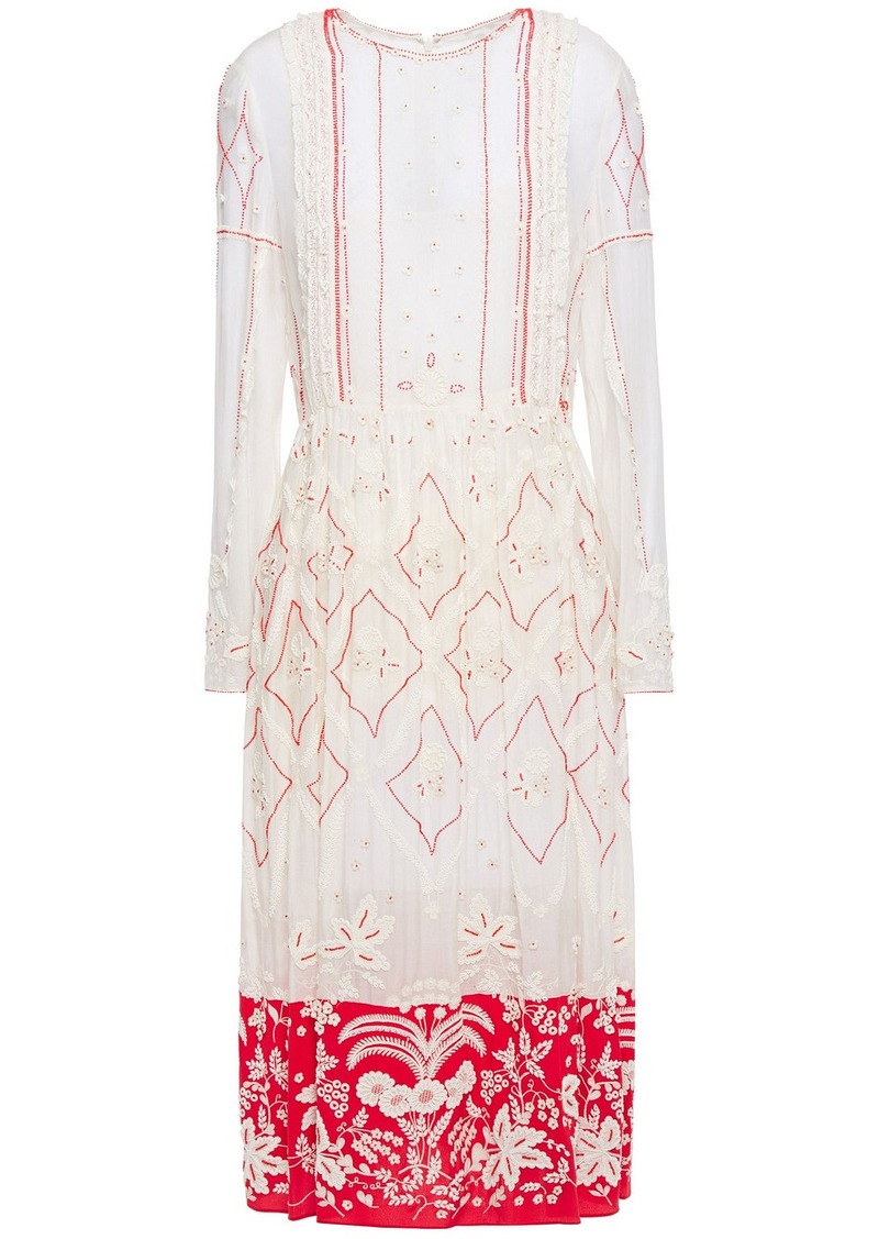 Valentino Garavani - Embellished embroidered cotton and silk-blend midi dress - White - IT 42