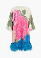 Valentino Garavani - Feather-embellished floral-print silk crepe de chine dress - Pink - IT 40