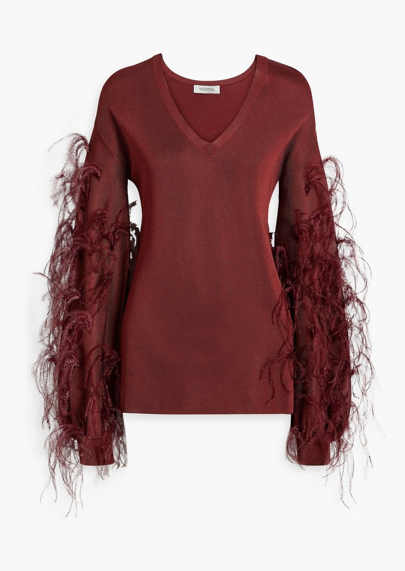 Valentino Garavani - Feather-trimmed knitted sweater - Burgundy - S