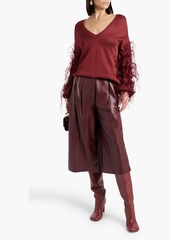 Valentino Garavani - Feather-trimmed knitted sweater - Burgundy - S