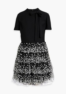Valentino Garavani - Floral-appliquéd tulle-paneled wool and silk-blend crepe mini dress - Black - IT 44