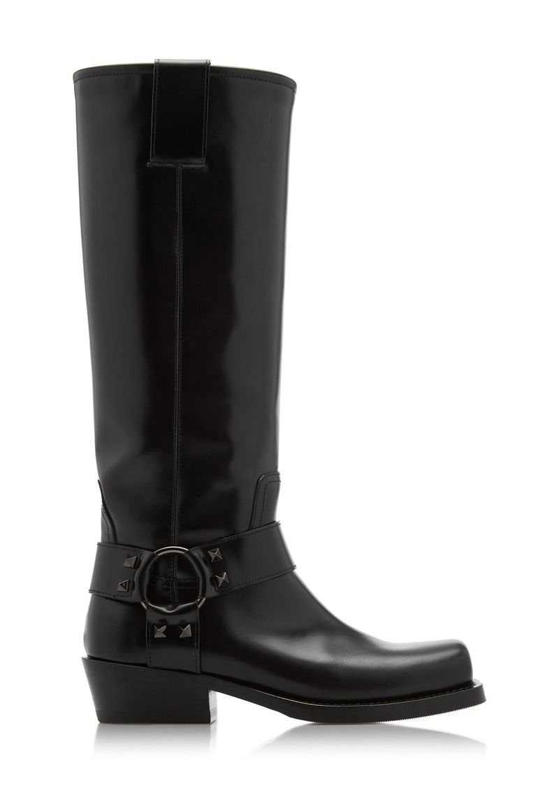 Valentino Garavani - Rockstud Biker Leather Knee Boots - Black - IT 37 - Moda Operandi