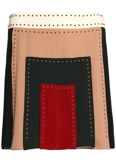 Valentino Garavani - Studded color-block silk crepe de chine mini skirt - Neutral - US 2
